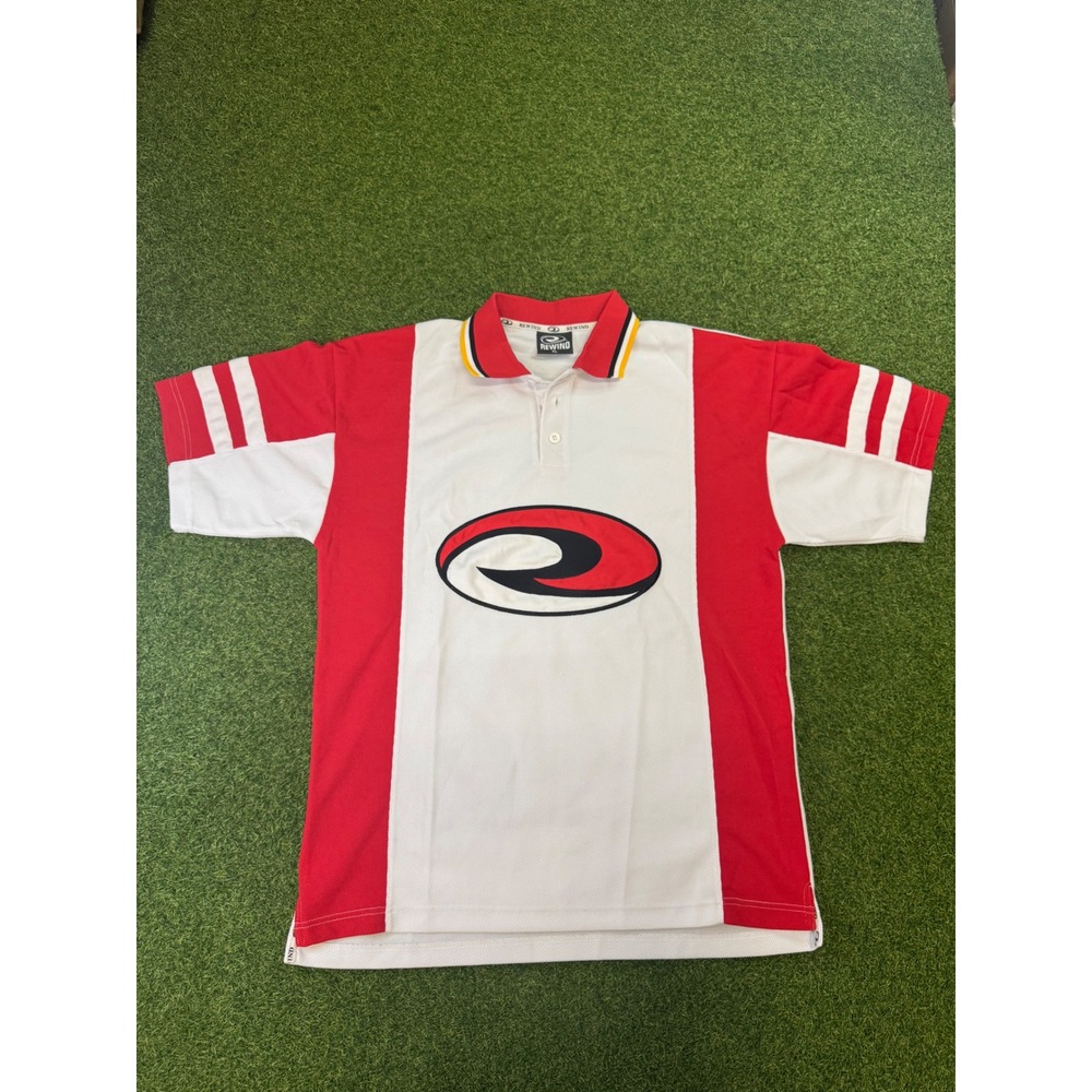 Rewind Mens XL Vintage Colorblock Mesh‎ Polo Red White Graphic Y2K Streetwear